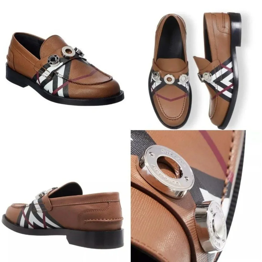 BURBERRY Women's Broadbrook Brown Nova Check Silver Hardware Loafers Siz… - Picture 2 of 14
